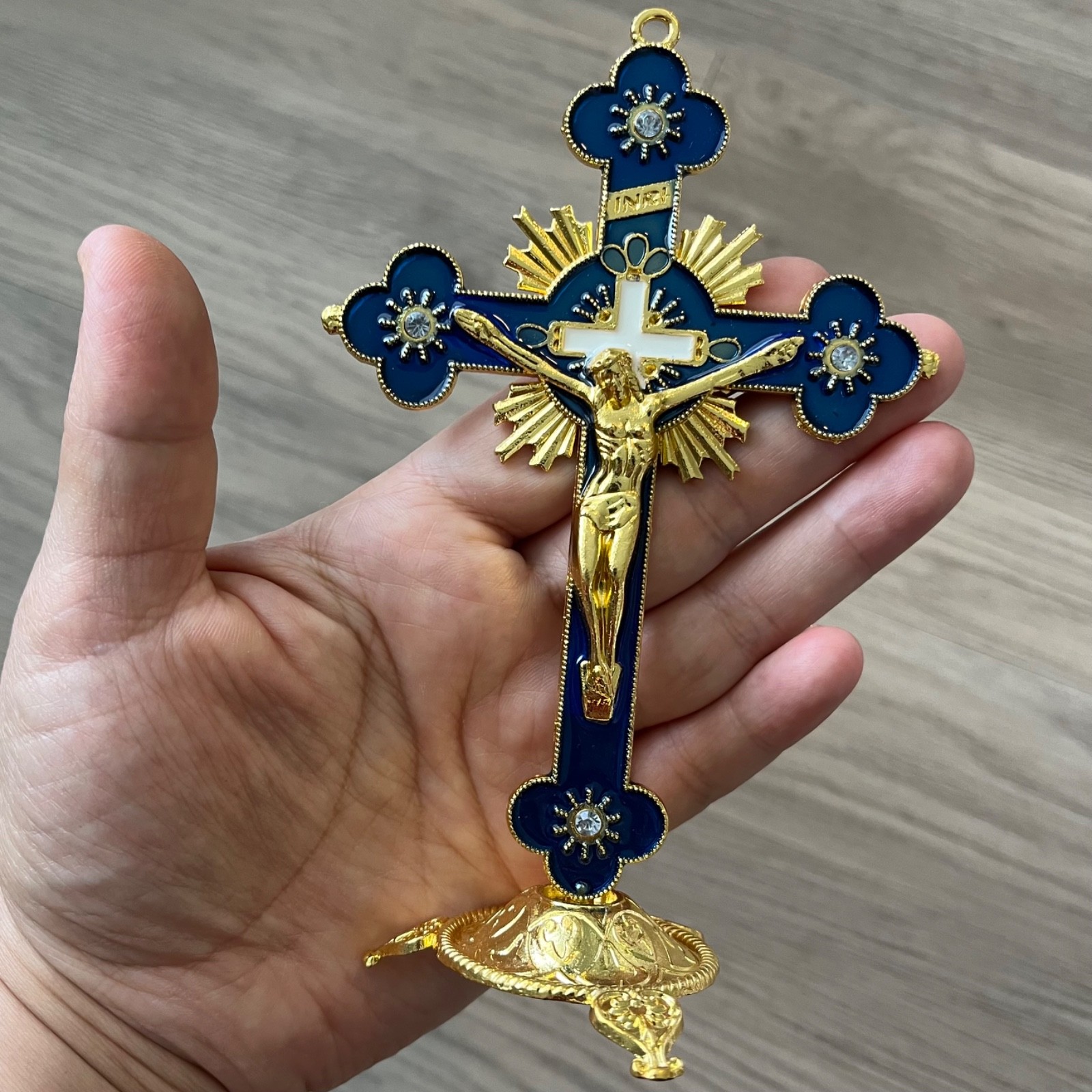 Catholic Crucifix Table Stand Blue Gold Tone Cross Cruz Crucifijo Cristo