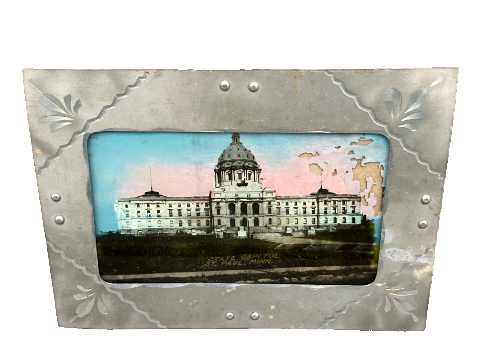 ANTIQUE REVERSE PAINTED STATE CAPITOL ST. PAUL MN SOUVENIR PICTURE w FRAME e1900
