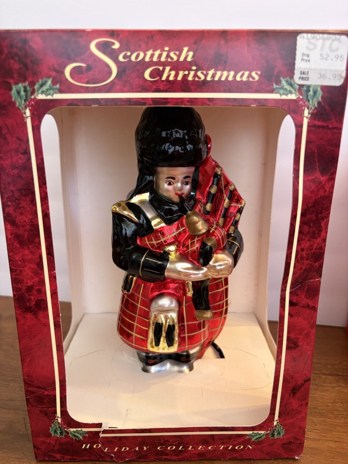 Vintage Giant Scottish Hand Blown Painted Bagpiper Christmas Glass Ornament 9”