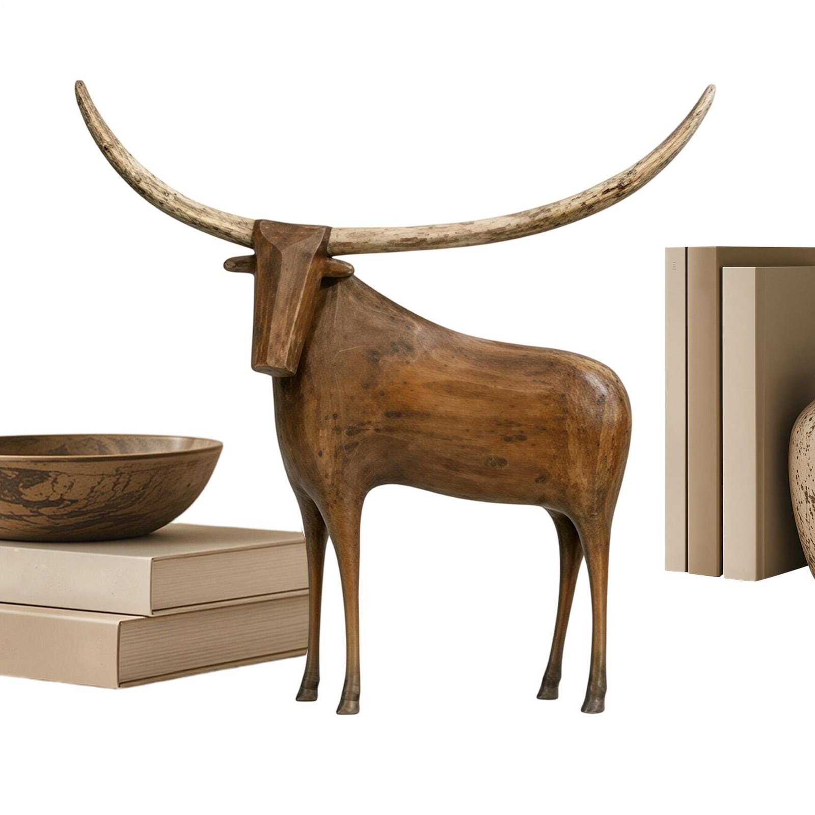 Vintage Longhorn Bull Sculpture, Rustic Farmhouse Animal Figurine, Home Decor