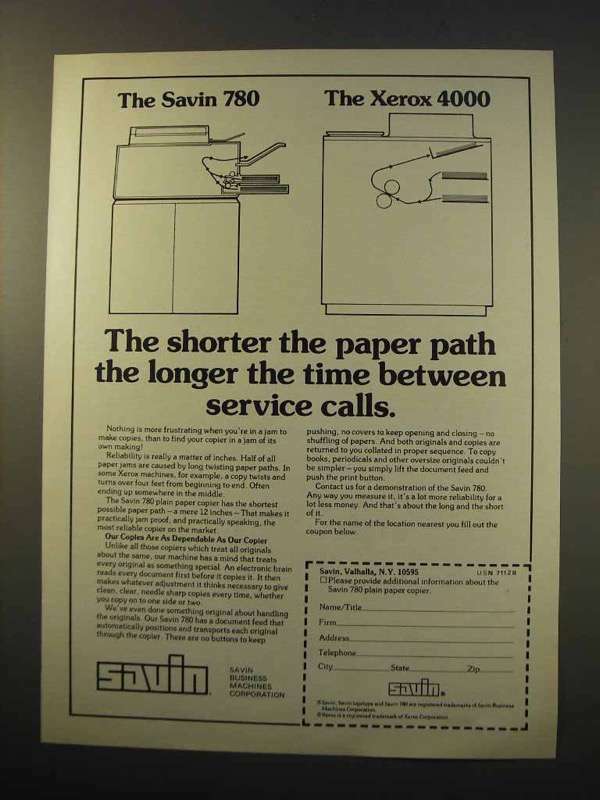 1977 Savin 780 Copier Ad - Shorter Paper Path