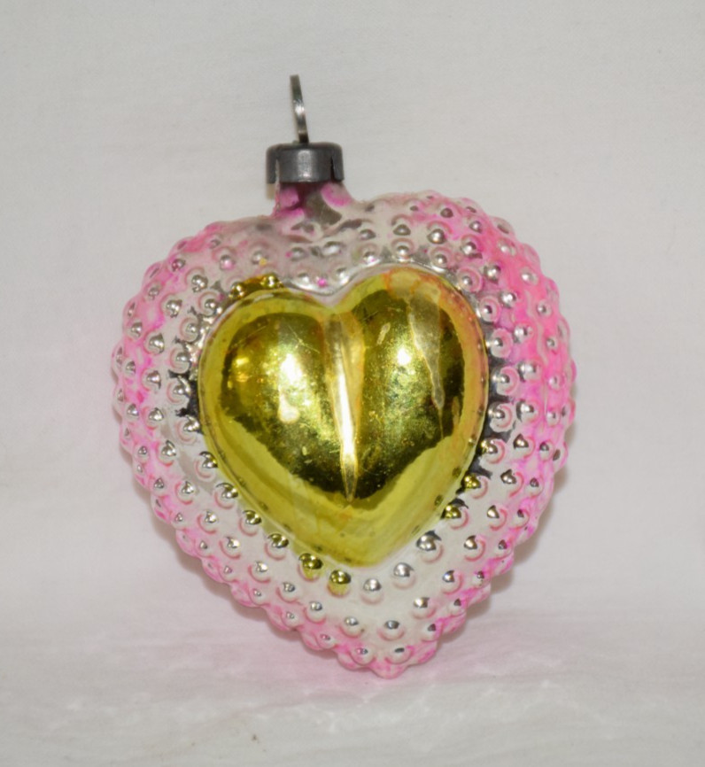 Vtg RARE Christmas Ornament Bumpy Pink & Gold Heart AS IS