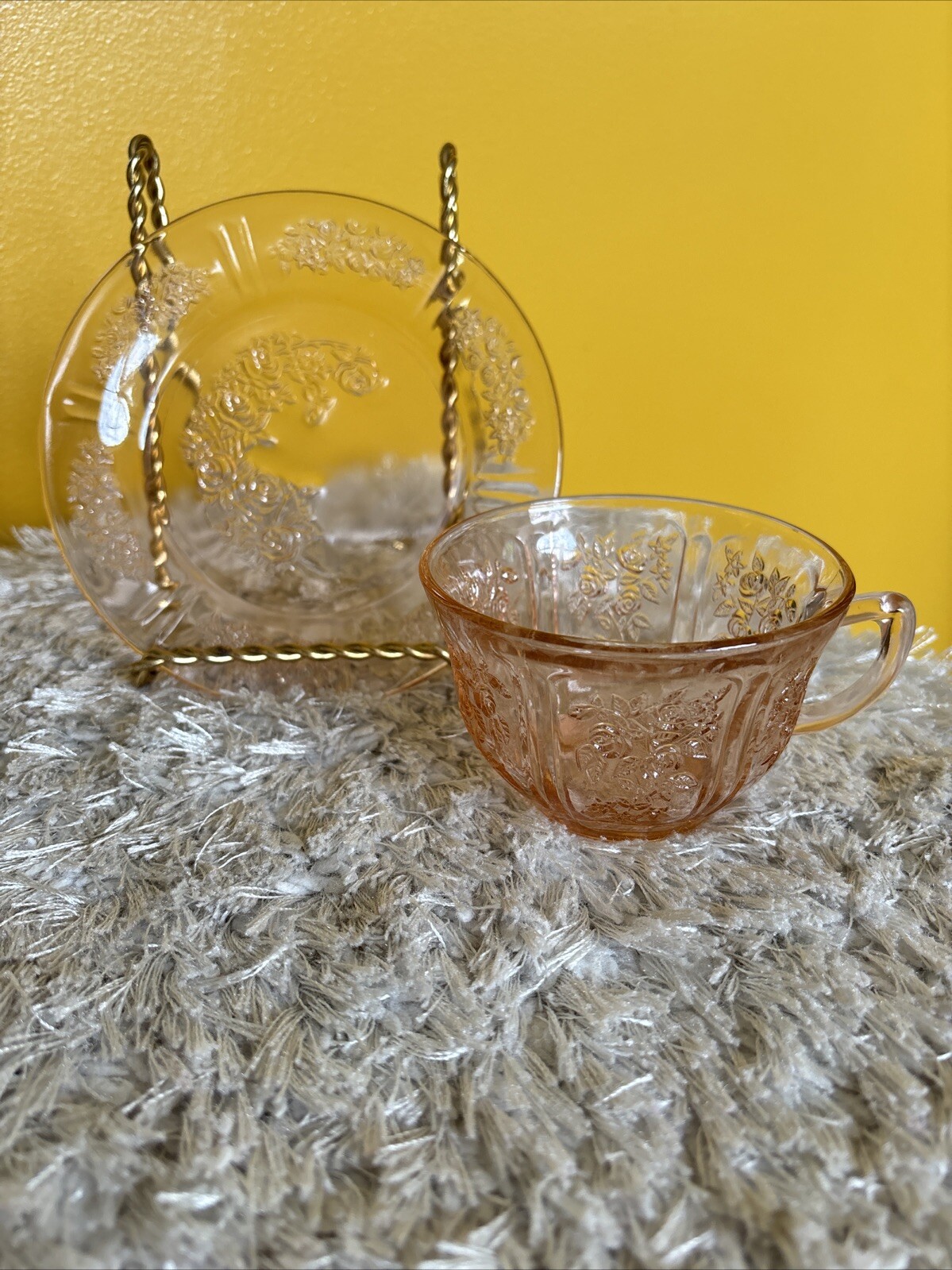 Federal Pink Sharon Cabbage Rose Depression Glass Tea Cup And 6” Bread Plate