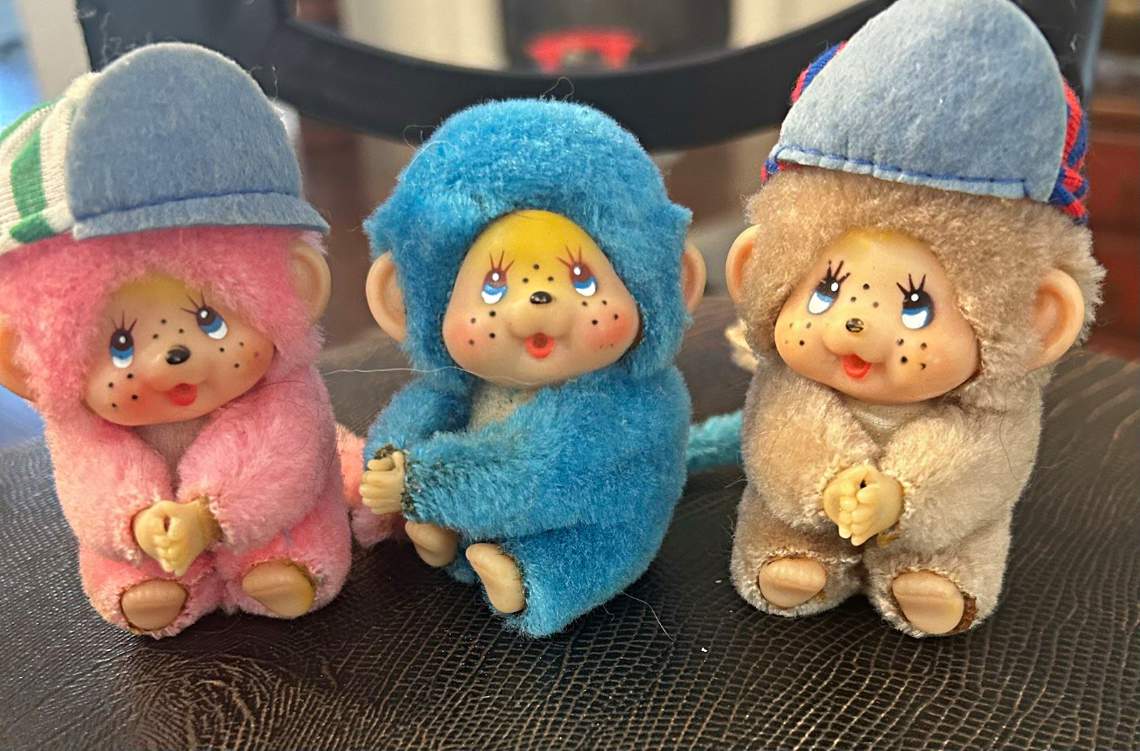 Vintage 1970s-80s Monchhichi Lot of 3 Blue Eyes Pink Blue Beige