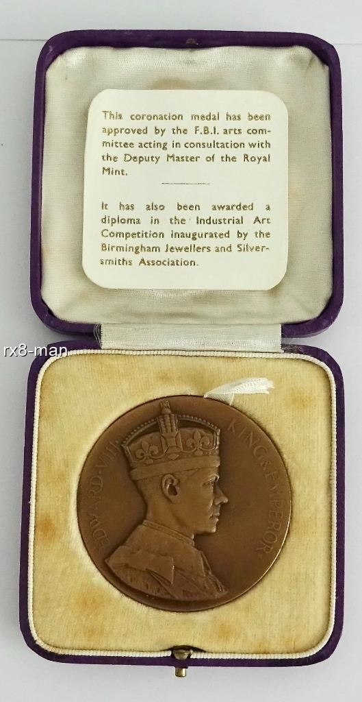RARE LARGE KING EDWARD VIII 1937 CORONATION BRONZE MEDAL MEDALLION BOXED 50mm