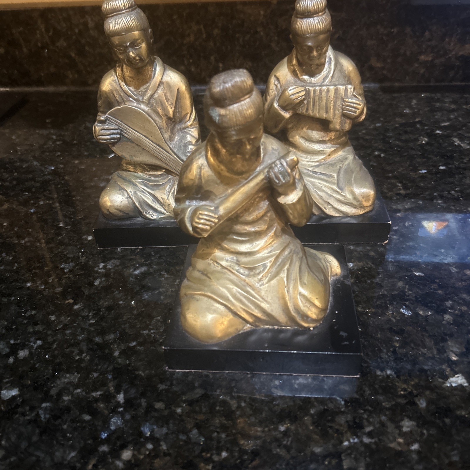 Set Of Three Vintage Asian Bronze Figures On Stand