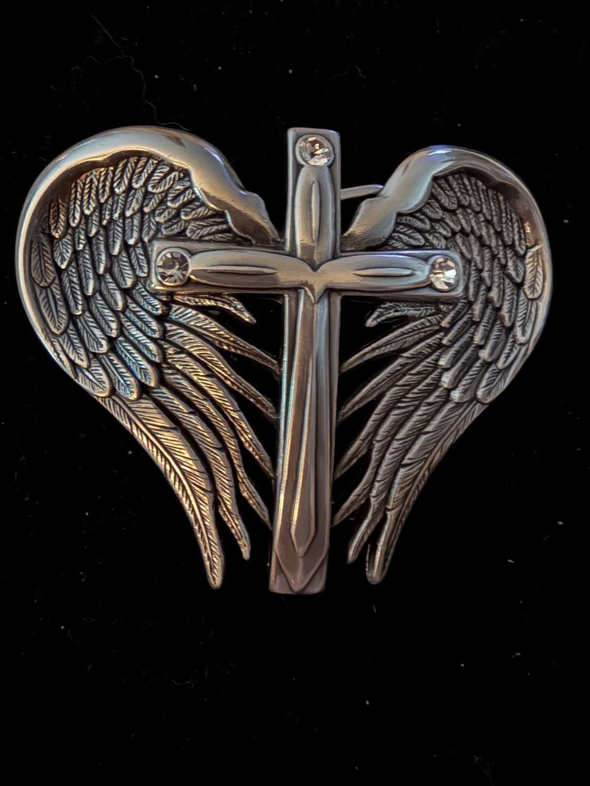 NOCONA Silver Rhinestone Heart & Cross Belt Buckle NIB Made In USA NOCONA Silver Rhinestone Heart & Cross Belt Buckle NIB Made In USA