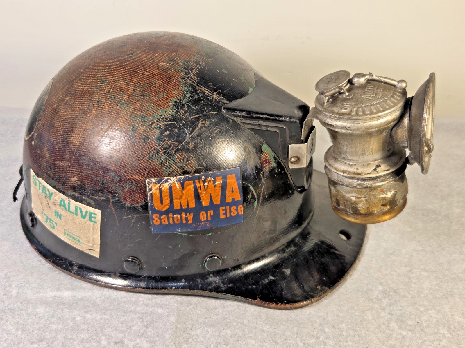 Vintage MSA Comfo Cap Low Vein Miner Hard Hat UMWA Decals Auto-Lite Carbide Lamp