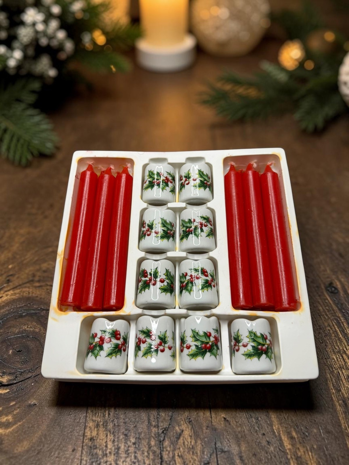 Petite Porcelain Candleholders & Red Candles Set - Holly Berry Design Christmas 