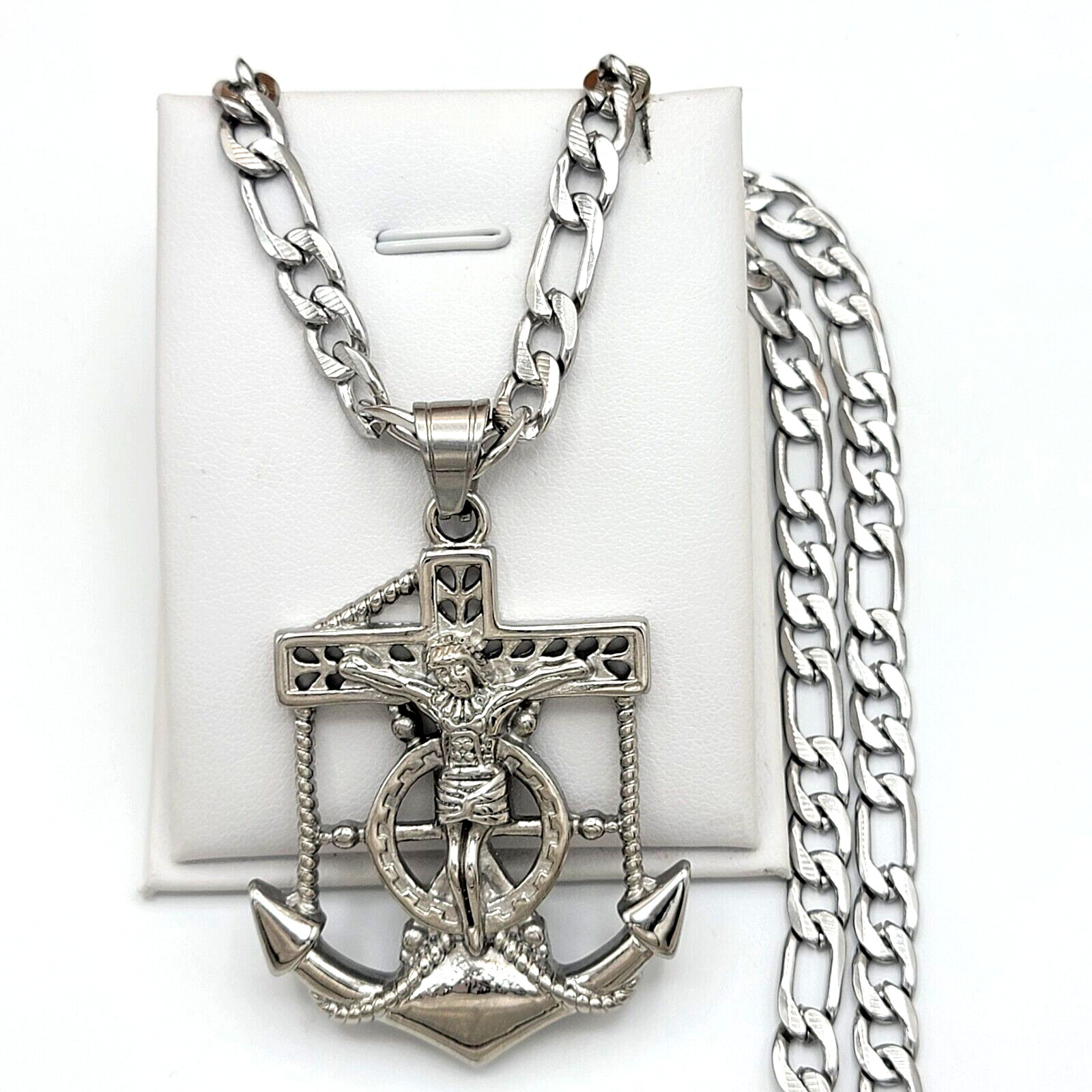 Stainless Steel Jewelry Jesus Anchor Crucifix Cross Pendant & Figaro Chain