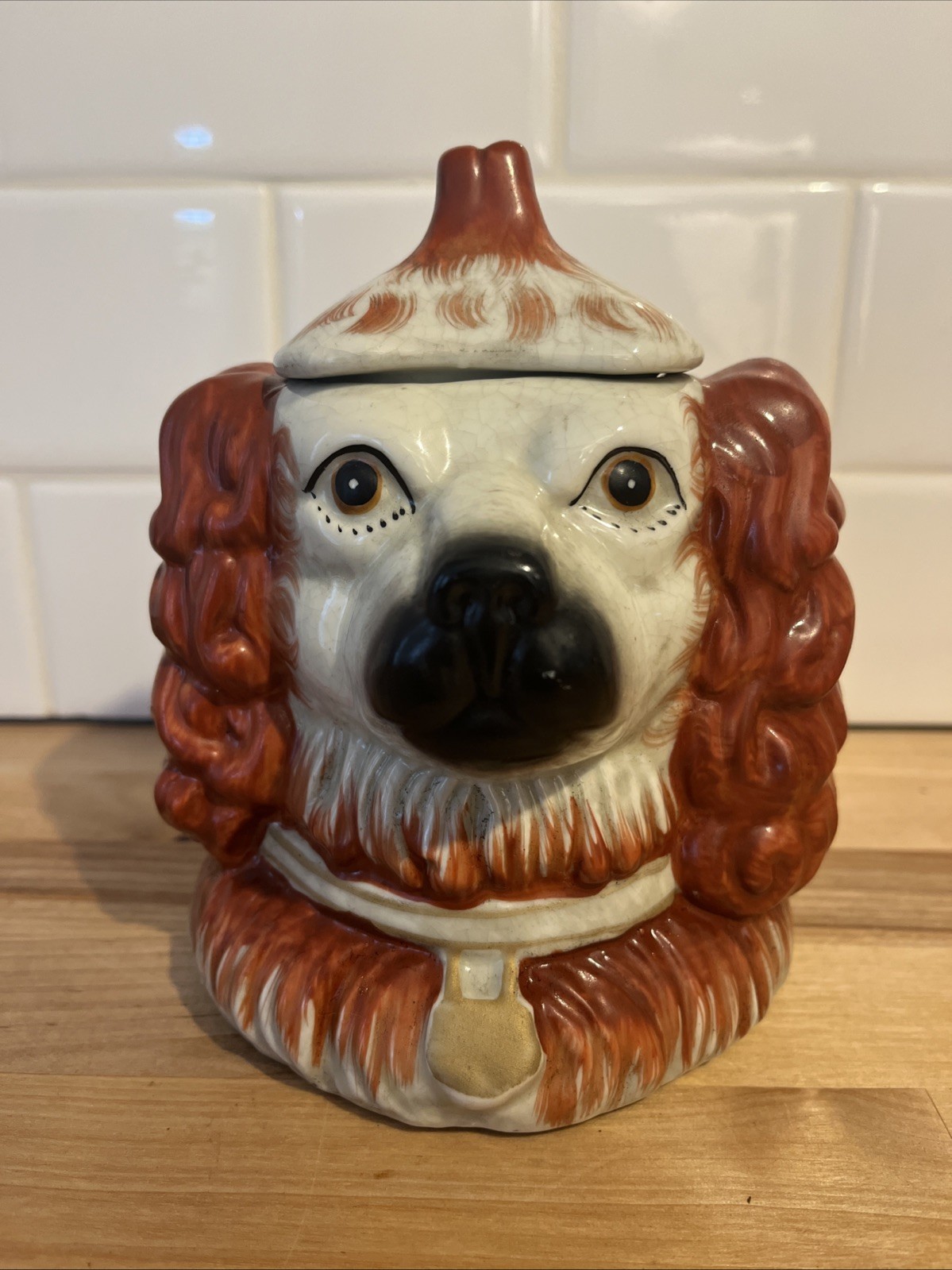 Vintage Staffordshire Double Sided Spaniel Dog Head Cannister Tobacco Jar 6”