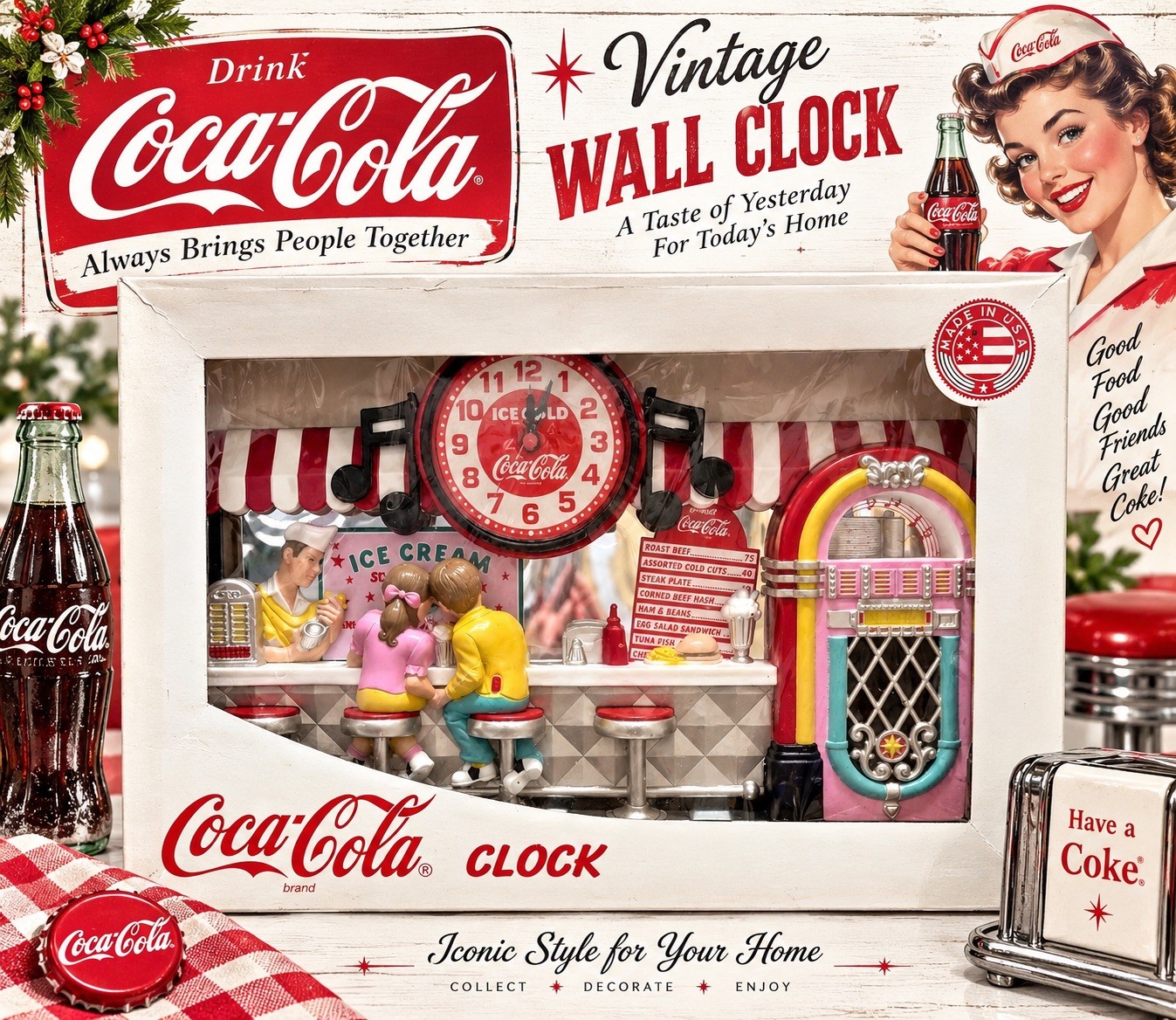 Vintage Coca-Cola 3-D Diner Wall Clock Ice Cream Soda Fountain Jukebox NIB Vintage Coca-Cola 3-D Diner Wall Clock Ice Cream Soda Fountain Jukebox NIB