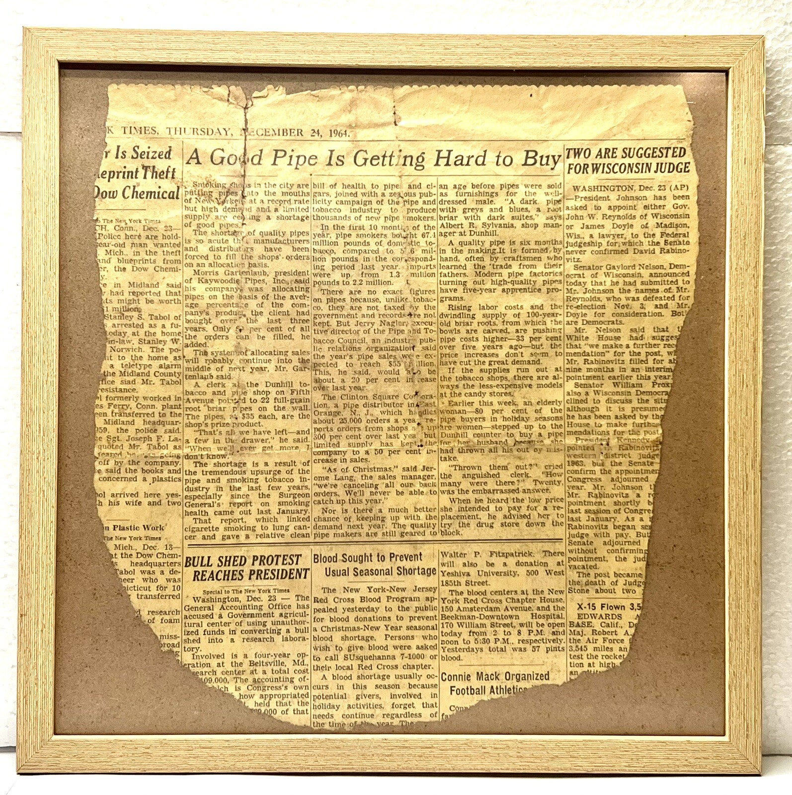 Vintage 1964 New York Times A Good Pipe Is Getting Hard To Buy News Paper 