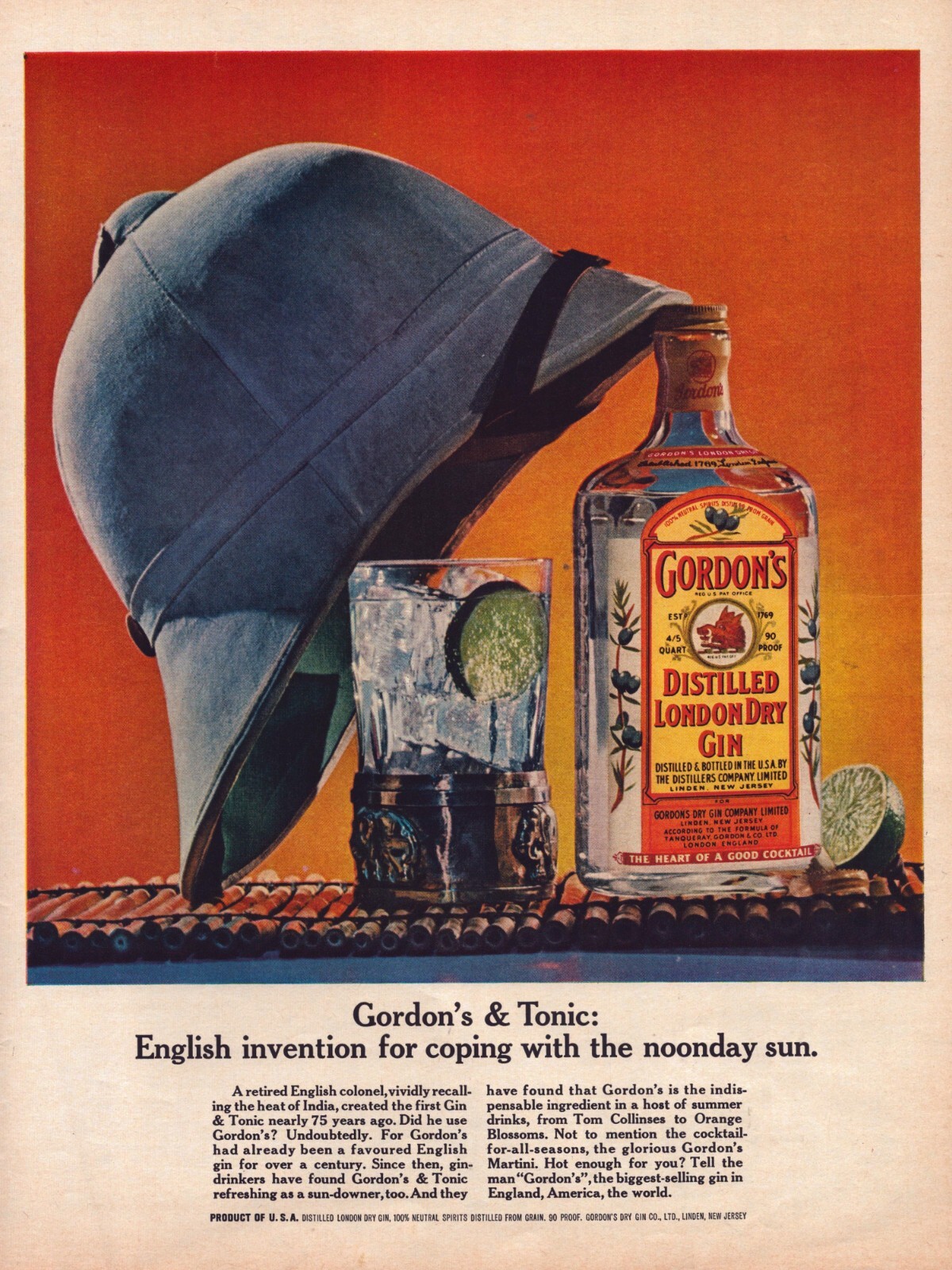 1964 Gordon\'s London Dry Gin Print Ad English Colonel India Summer Heat Hat