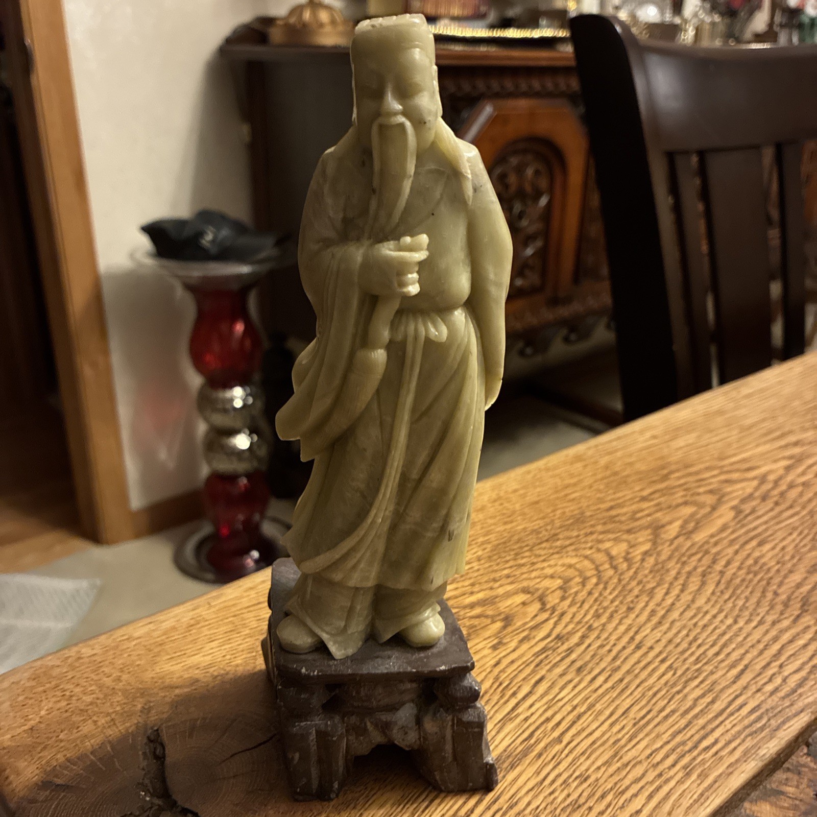 Beautiful Antique Asian Soapstone Scholar Carving Figurine On Stand  Rare 8”