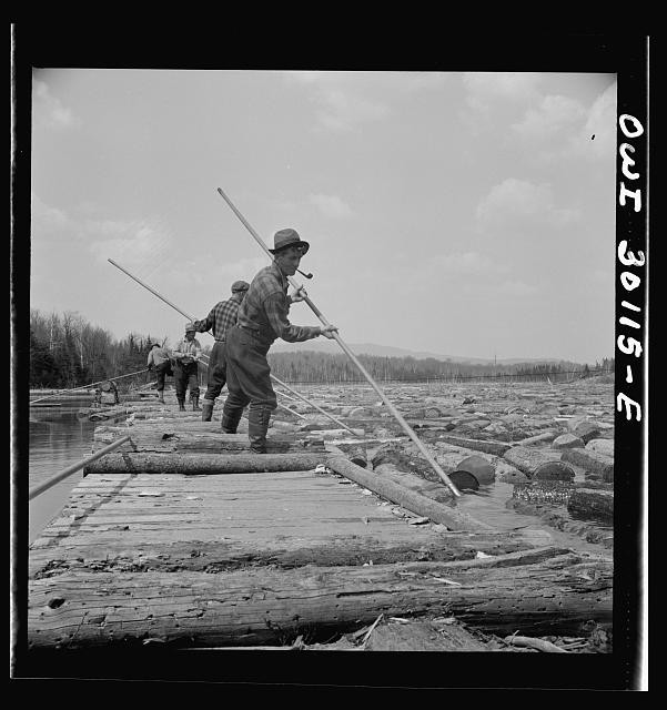 Photo:Maine 1943 Pulpwood Drive Brown Company Pikemen Logs Dam