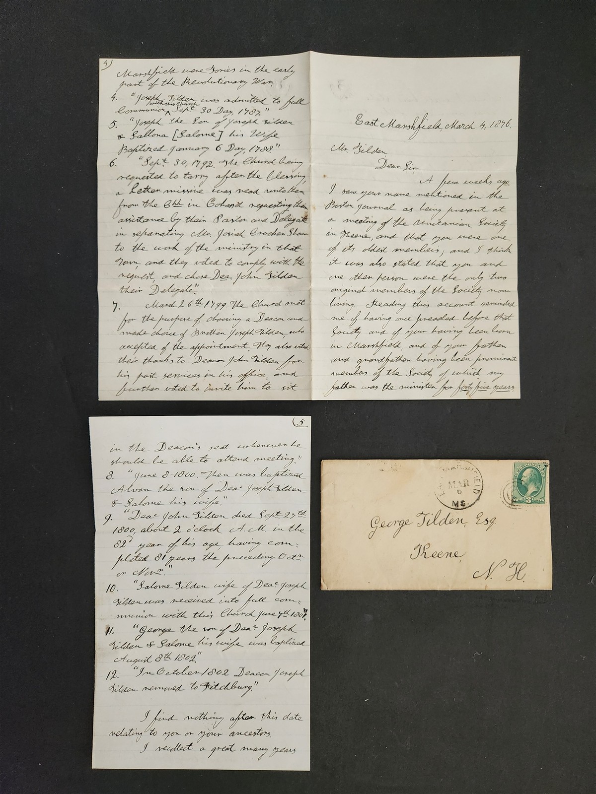 1876 antique GEO TILDEN Esq keene nh LETTER re FAMILY GENEALOGY geor leonard