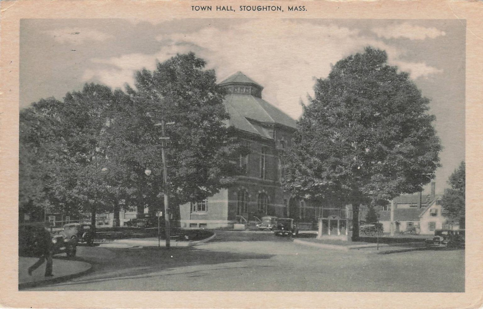 1950 Stoughton MA Town Hall RPPC  Postcard Campbell's Drug Store Vintage Mass.