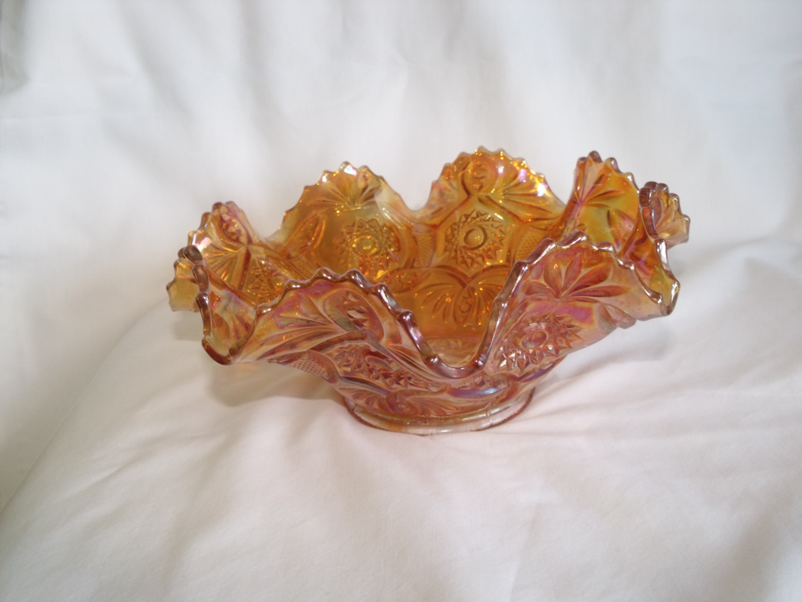 Vintage Marigold Carnival Glass Handkerchief Ruffled Bowl Iridescent Glass 8”