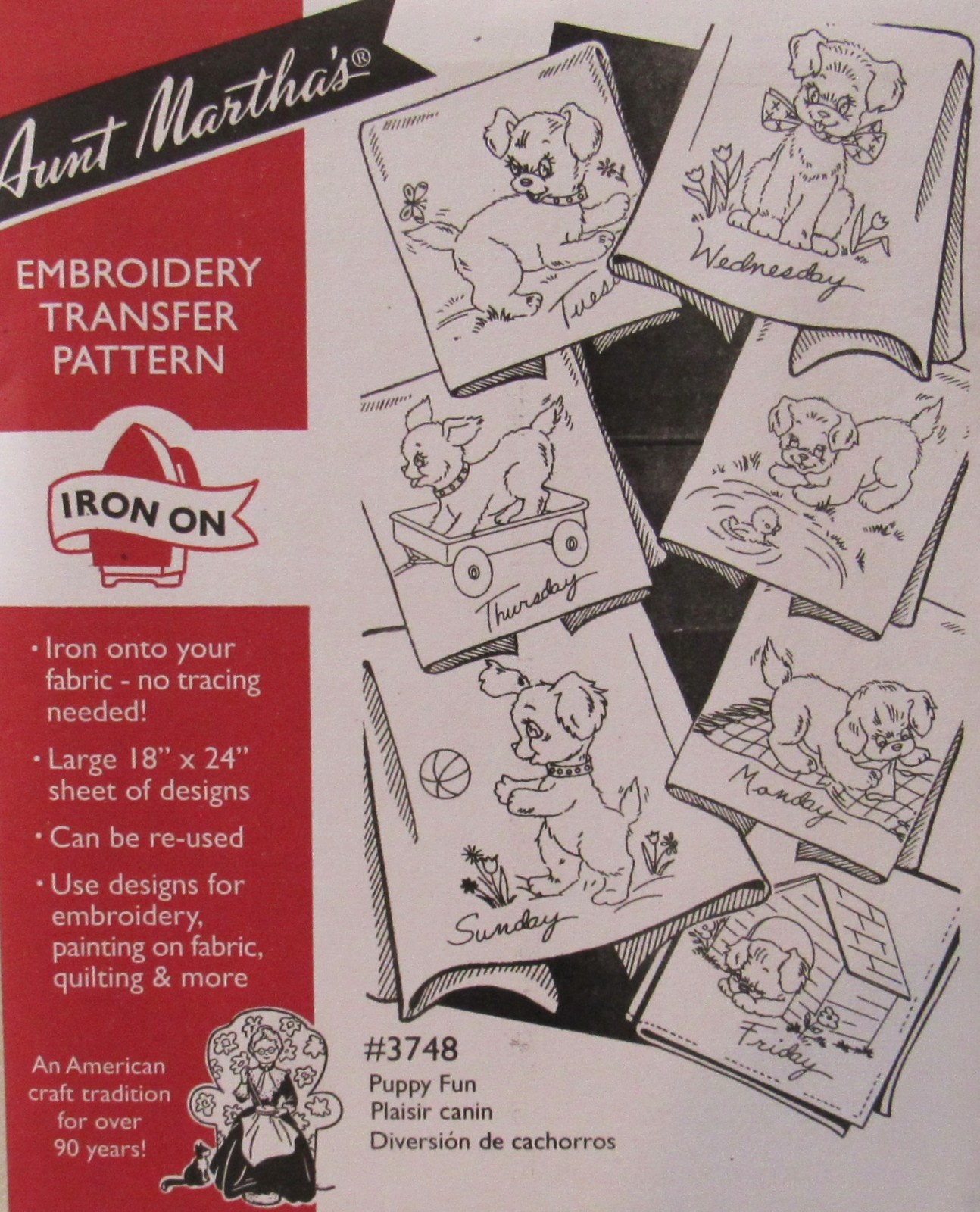 Aunt Martha's 3748 PUPPY FUN Days of Week Dish Towel Embroidery Transfer Pattern