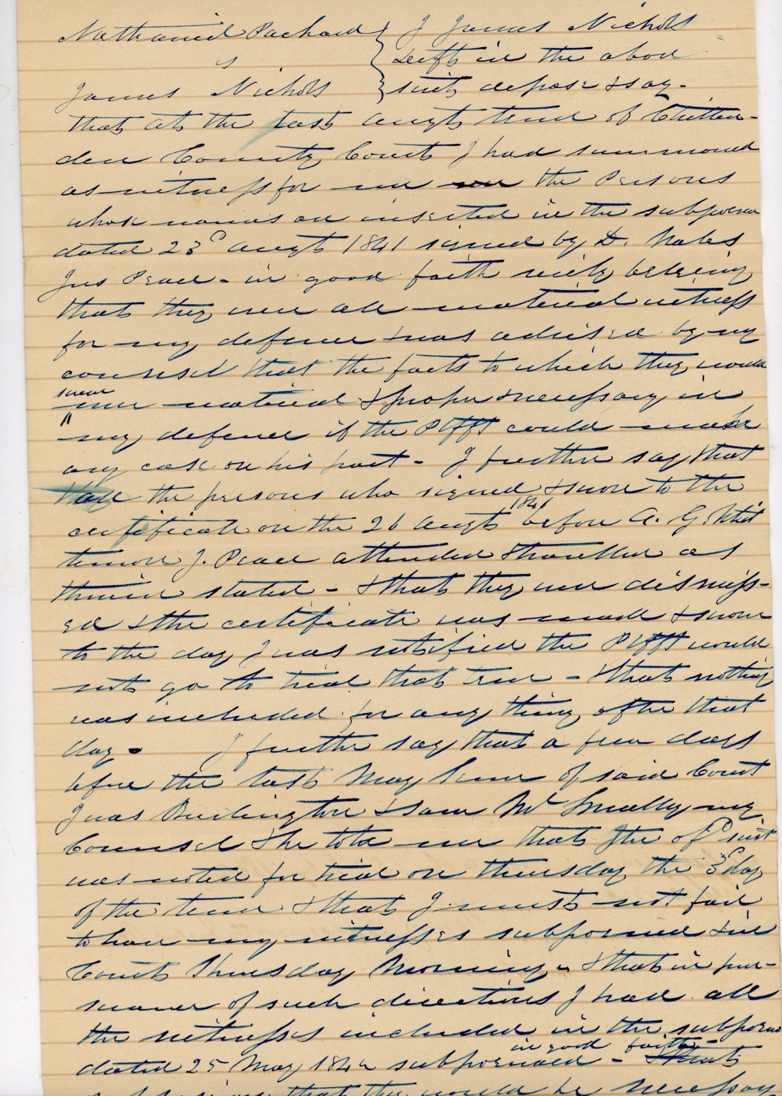 1842 Original Manuscript Legal Affidavit James Nichols Nathaniel Packard Court D