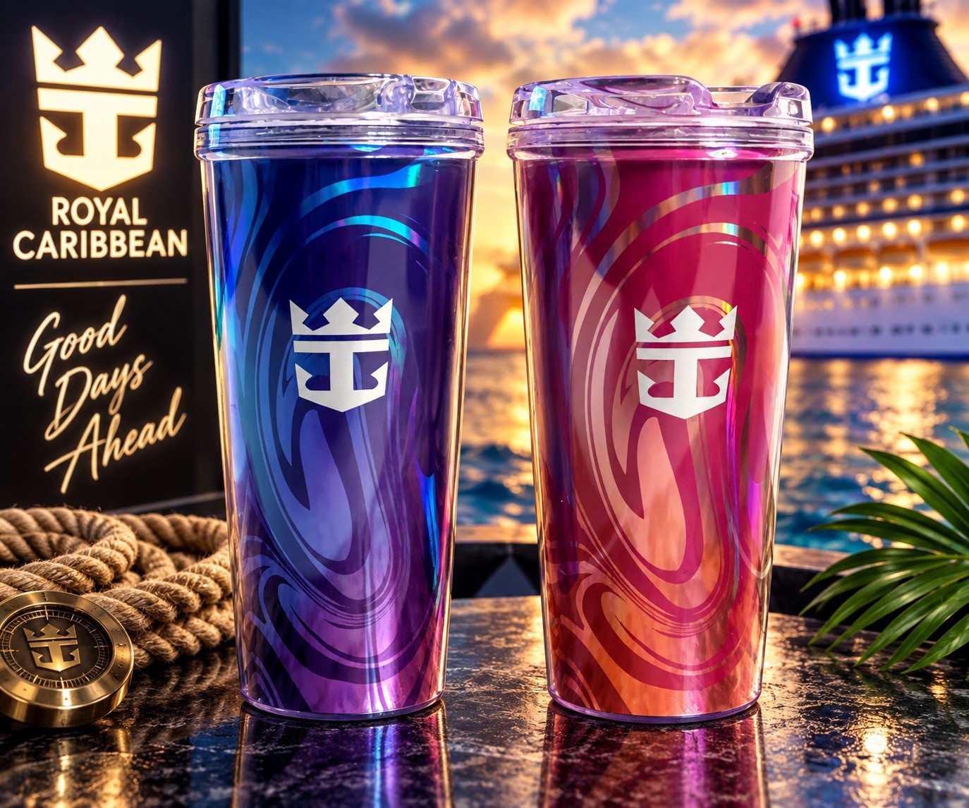 Two Royal Caribbean Coca-Cola Coke Insulated Travel Cup Tumbler with Lid
