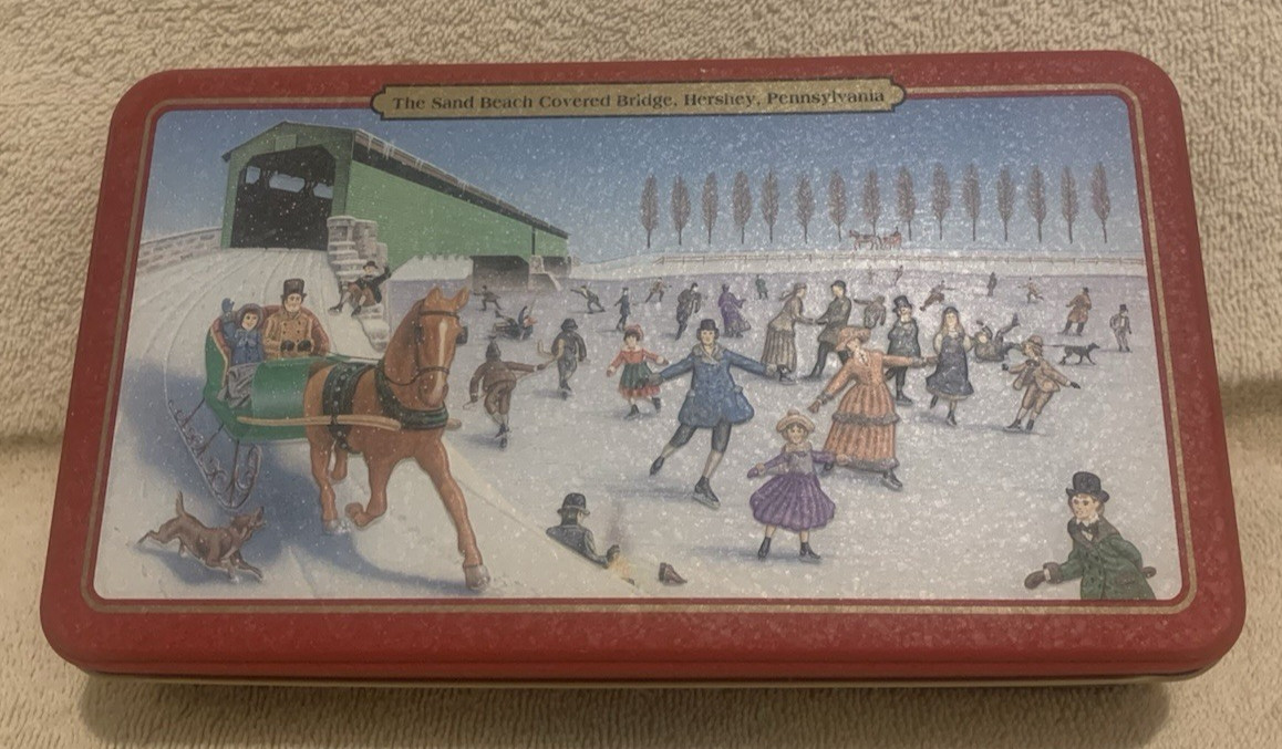 1996 Hershey\'s SAND BEACH COVERED BRIDGE Embossed Tin Box (empty) 9x5x2.5 - GUC