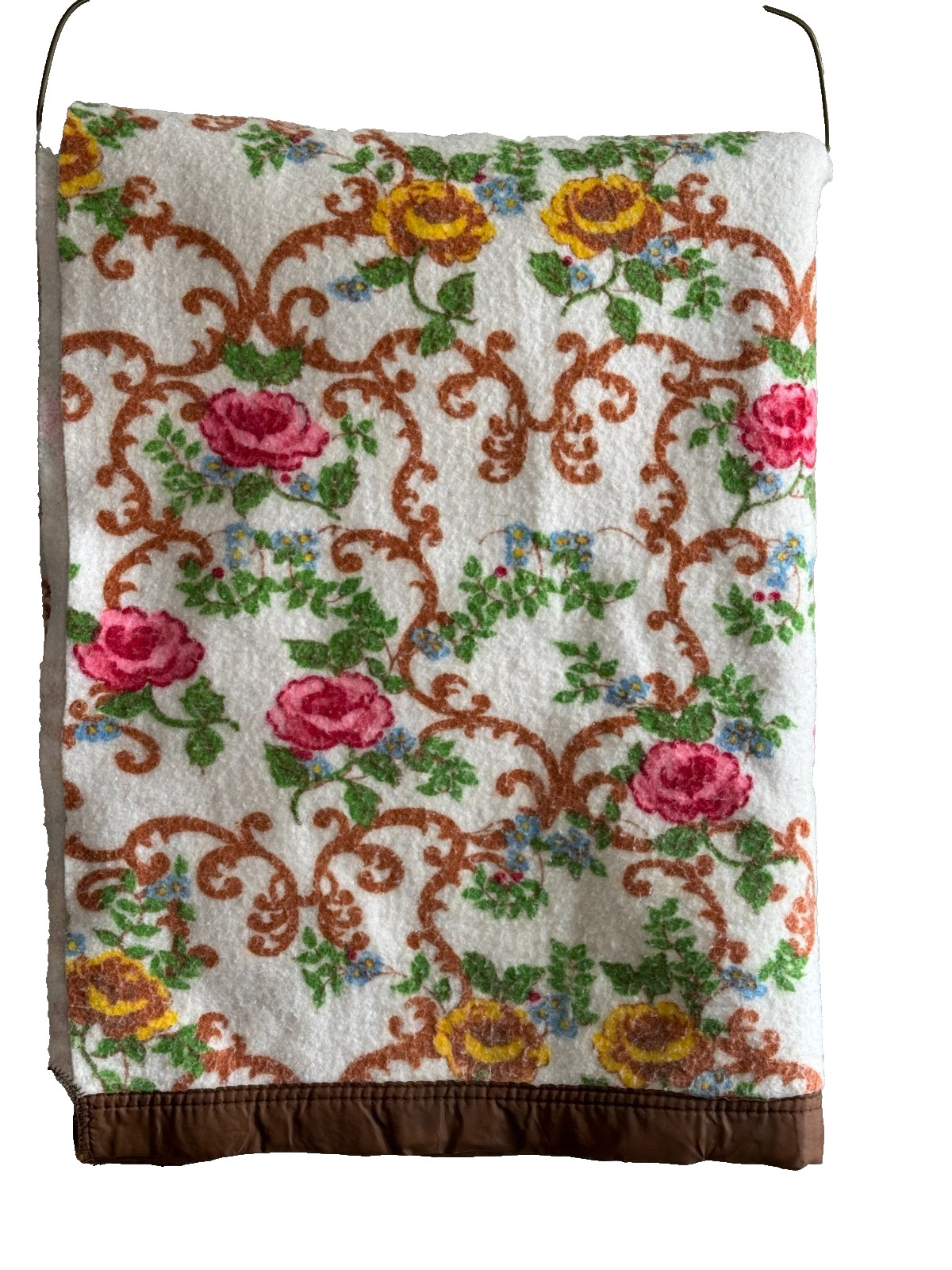 Ely Spunwell Twin BLANKET Yellow Pink Carriage Roses Brown Trim 68x86 Vtg 1970s Ely Spunwell Twin BLANKET Yellow Pink Carriage Roses Brown Trim 68x86 Vtg 1970s