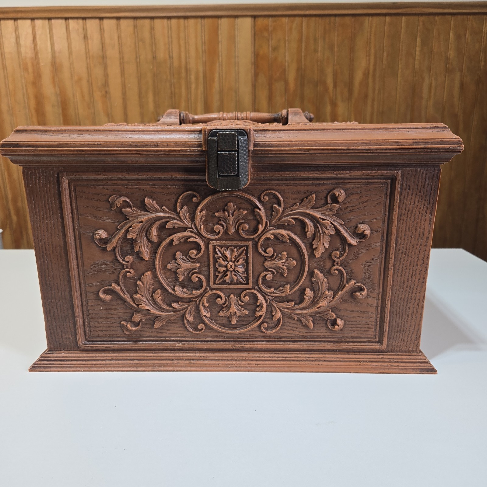 Vintage 1970\'s Max Klein Brown Faux-Wood Plastic Sewing Box (15\