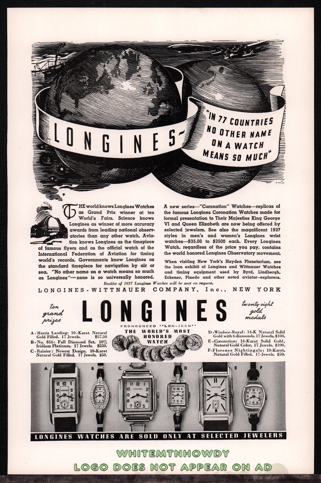 1937 LONGINES-WITTNAUER Men\'s & Ladies Wrist Watch Antique AD w/original prices