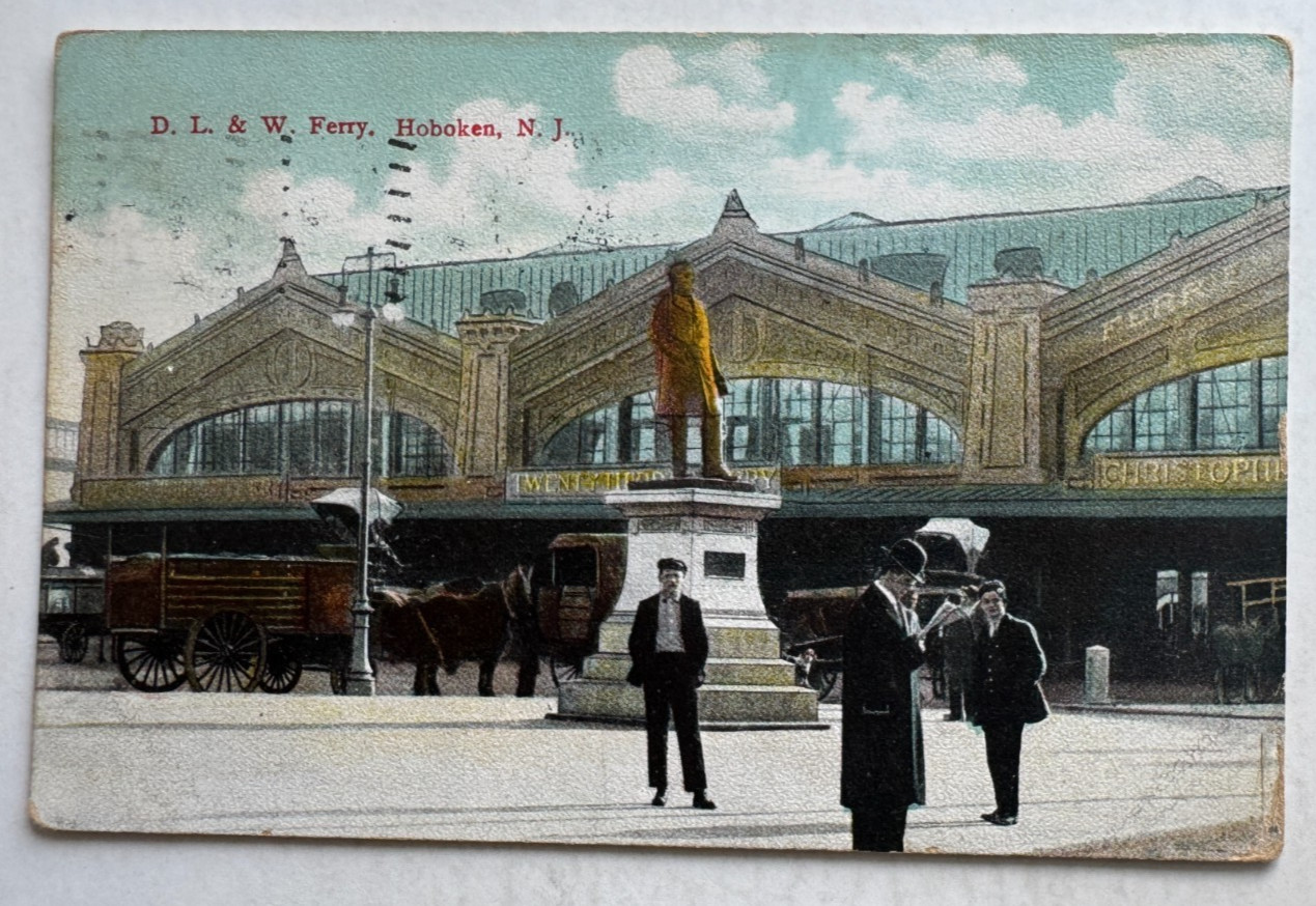 1909 NJ Postcard Hoboken New Jersey DL&W Ferry Terminal building entrance statue