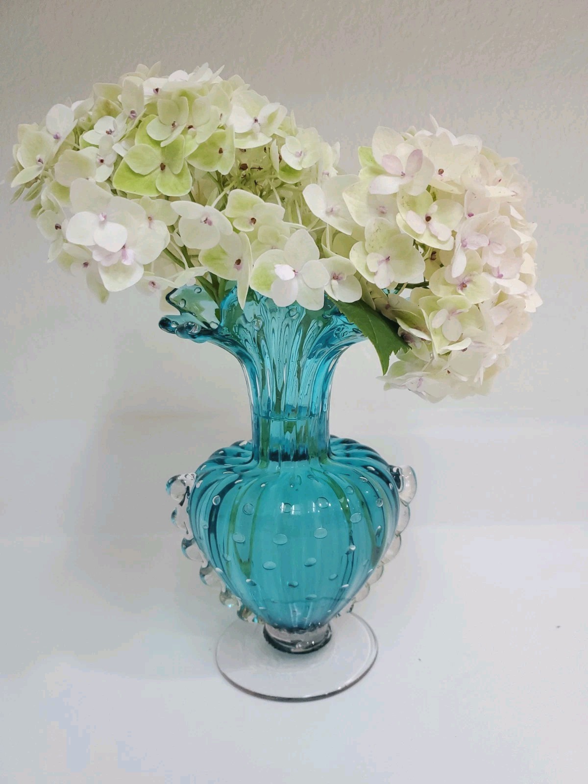 Vintage Murano Art Glass Vase Blue W/Controlled Bubbles&Gold Speckling 8\