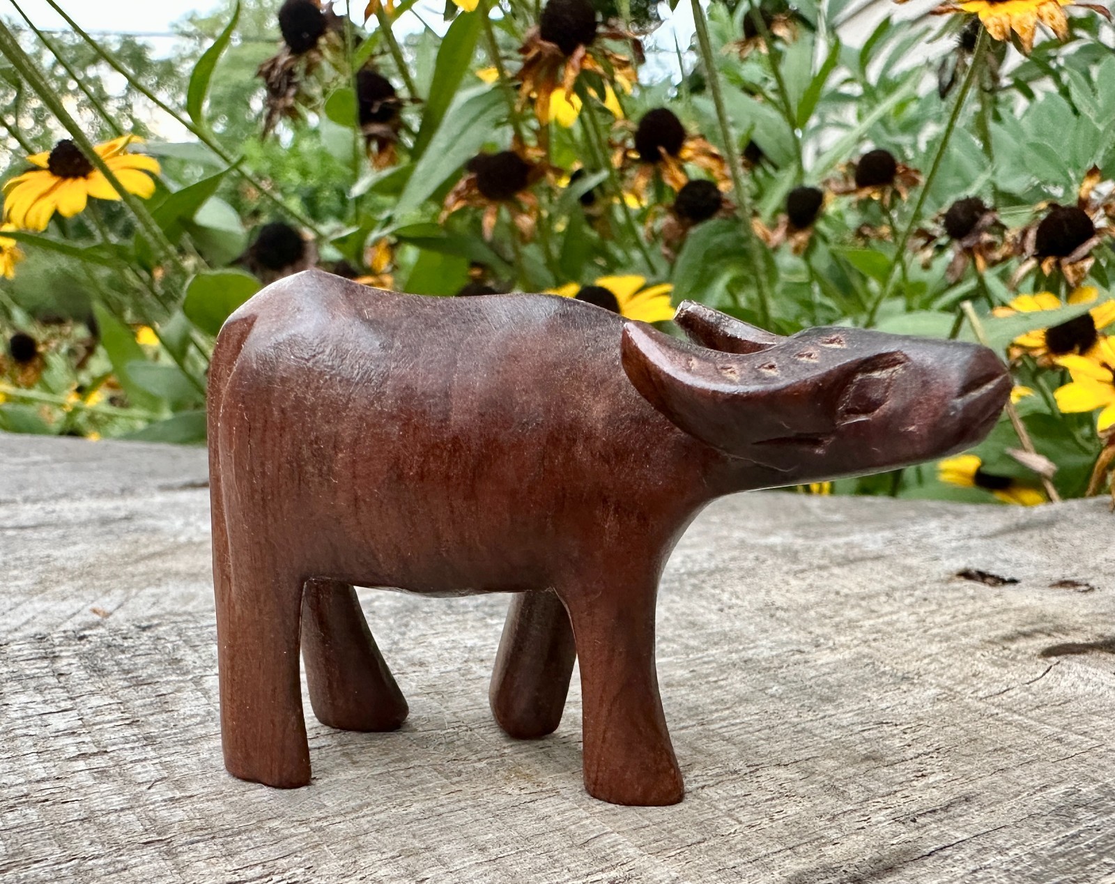 Vintage Hand Carved Wood Water Buffalo Figurine Carabao Ox Sculpture Folk Art