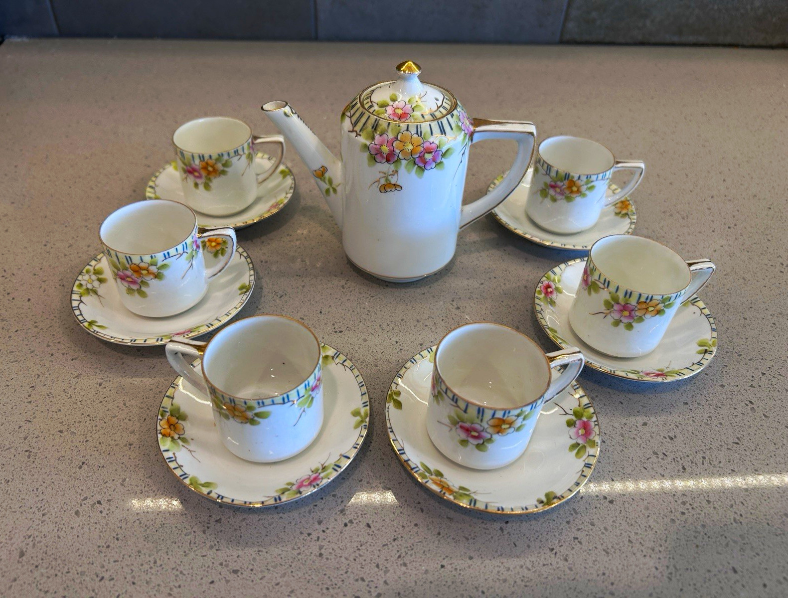 Antique Nippon Miniature Tea Set Hand Painted Floral 13 Piece Demitasse