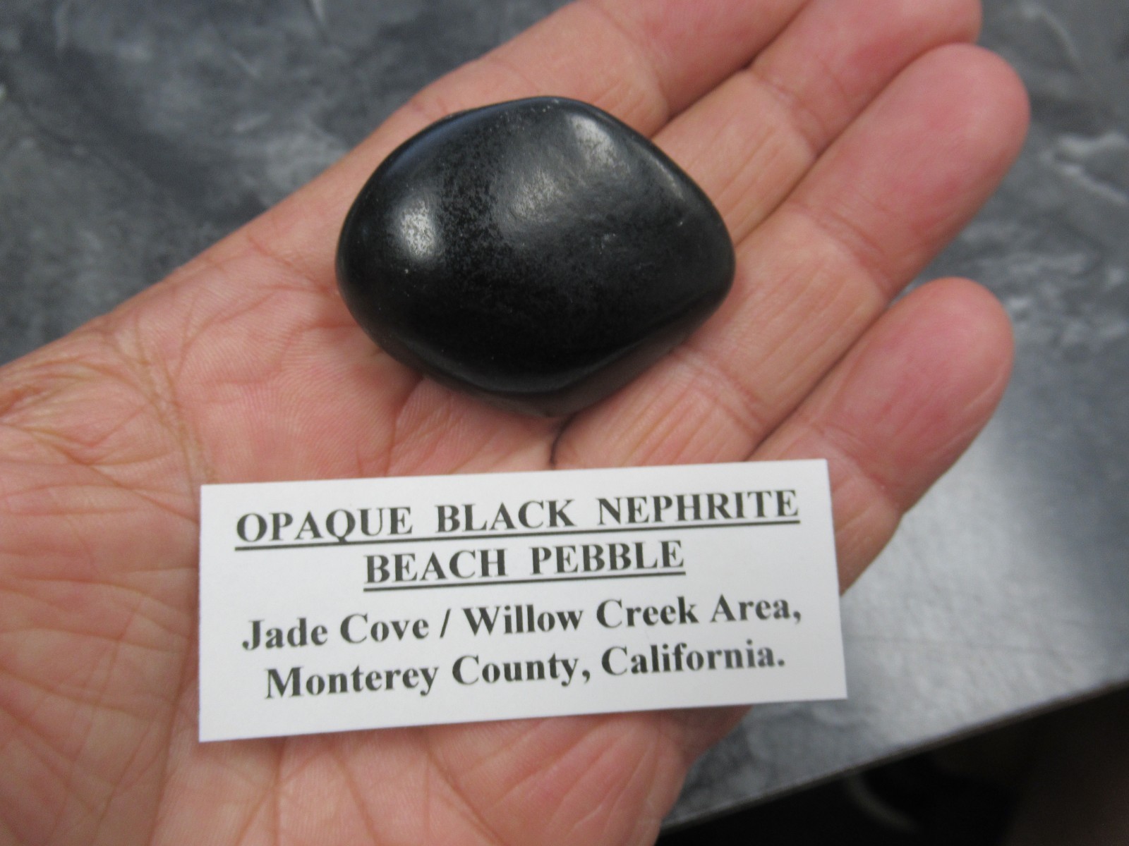 Opaque Black Nephrite Pebble Jade Cove Willow Creek Monterey Co. California Opaque Black Nephrite Pebble Jade Cove Willow Creek Monterey Co. California