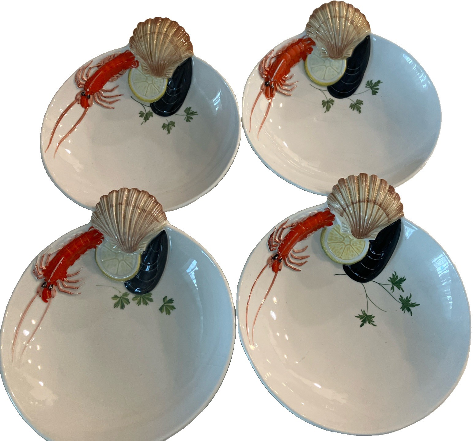 AMAZING ART TREVISO MAJOLICA LOBSTER MUSSEL CRAB BOWL PORCELAIN BOWLS SET OF 4