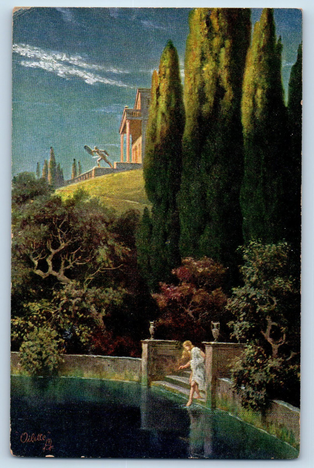 Postcard Romantic Landscape Swimming Pool c1910 Unposted Oilette Tuck Art