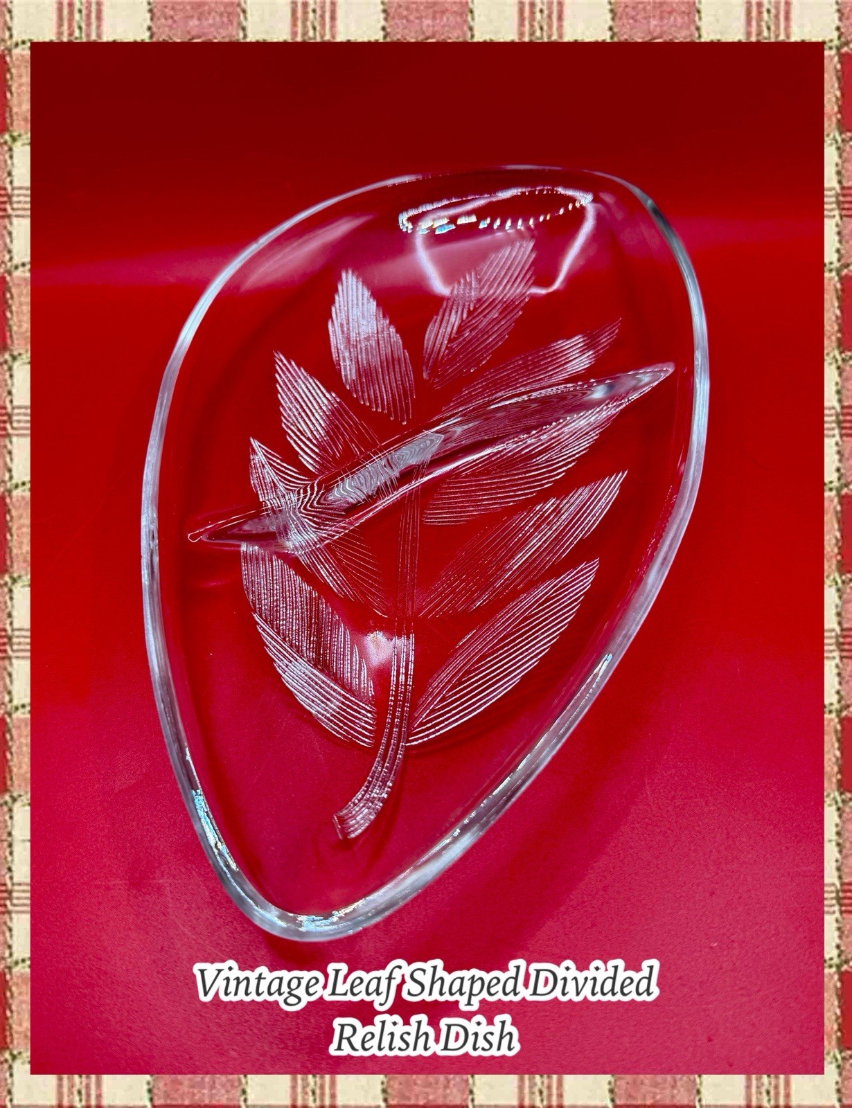 Vintage Glass Divided Relish Dish Tray with Bottom Raised Leaf Design 9” NICE