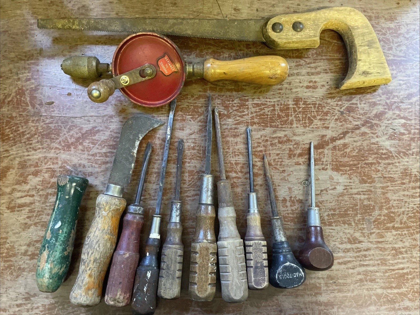 Lot of 11 Misc Wooden Handle Tools - Awl, Hand Drill, Hand Saw,  Screw Drivers