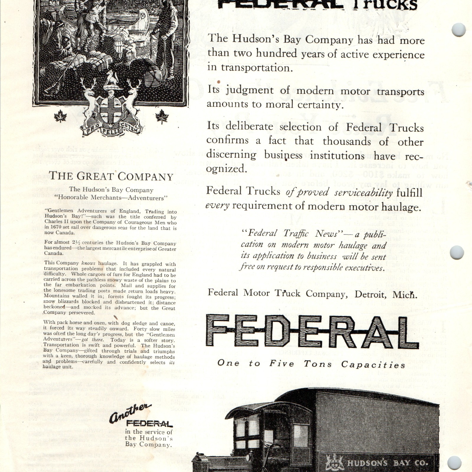 1919 Federal Motor Truck Co Hudson's Bay HBC Detroit MI Literary Digest Print Ad