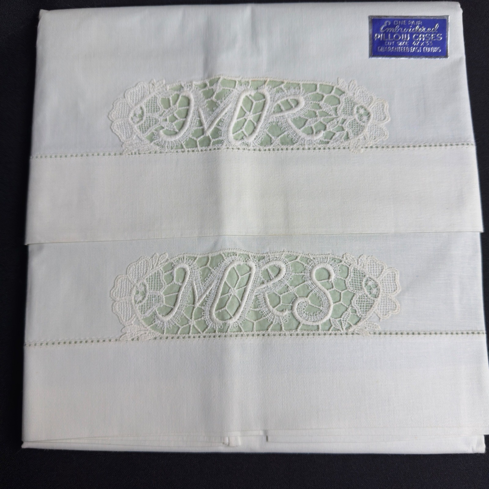 Vintage Mr and Mrs Embroidered Pillowcases White Lace Cutwork Wedding Gift Pair