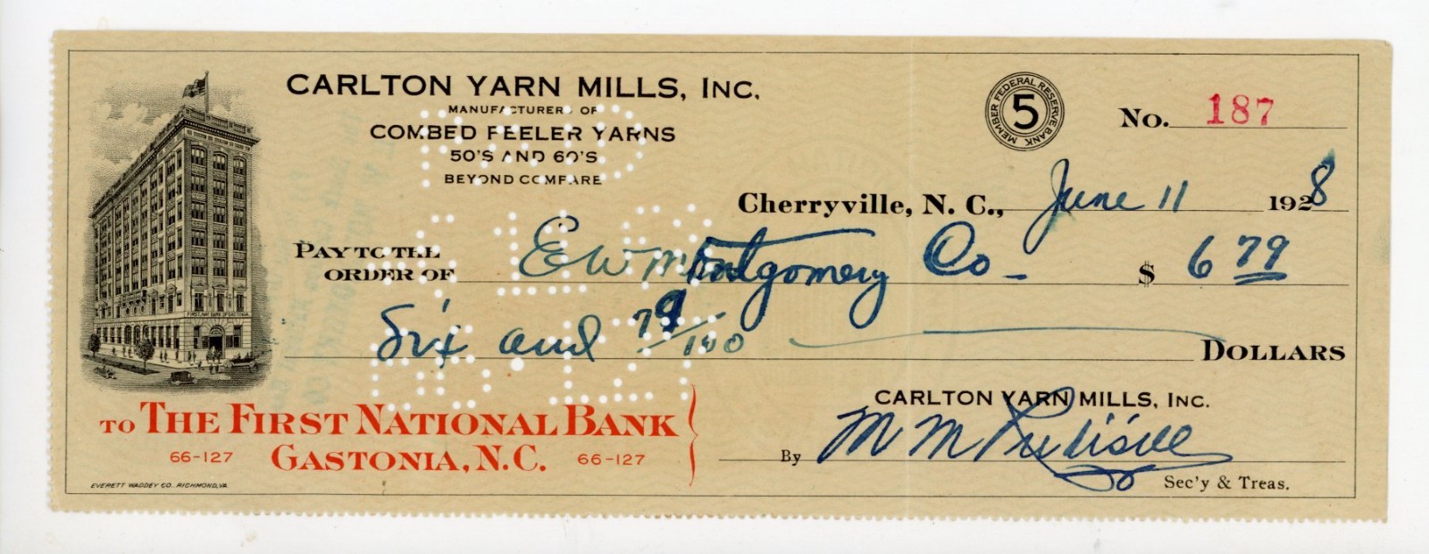 1928 Carlton Yarn Mills Check Cherryville NC Textile Mill Ephemera Bank Draft