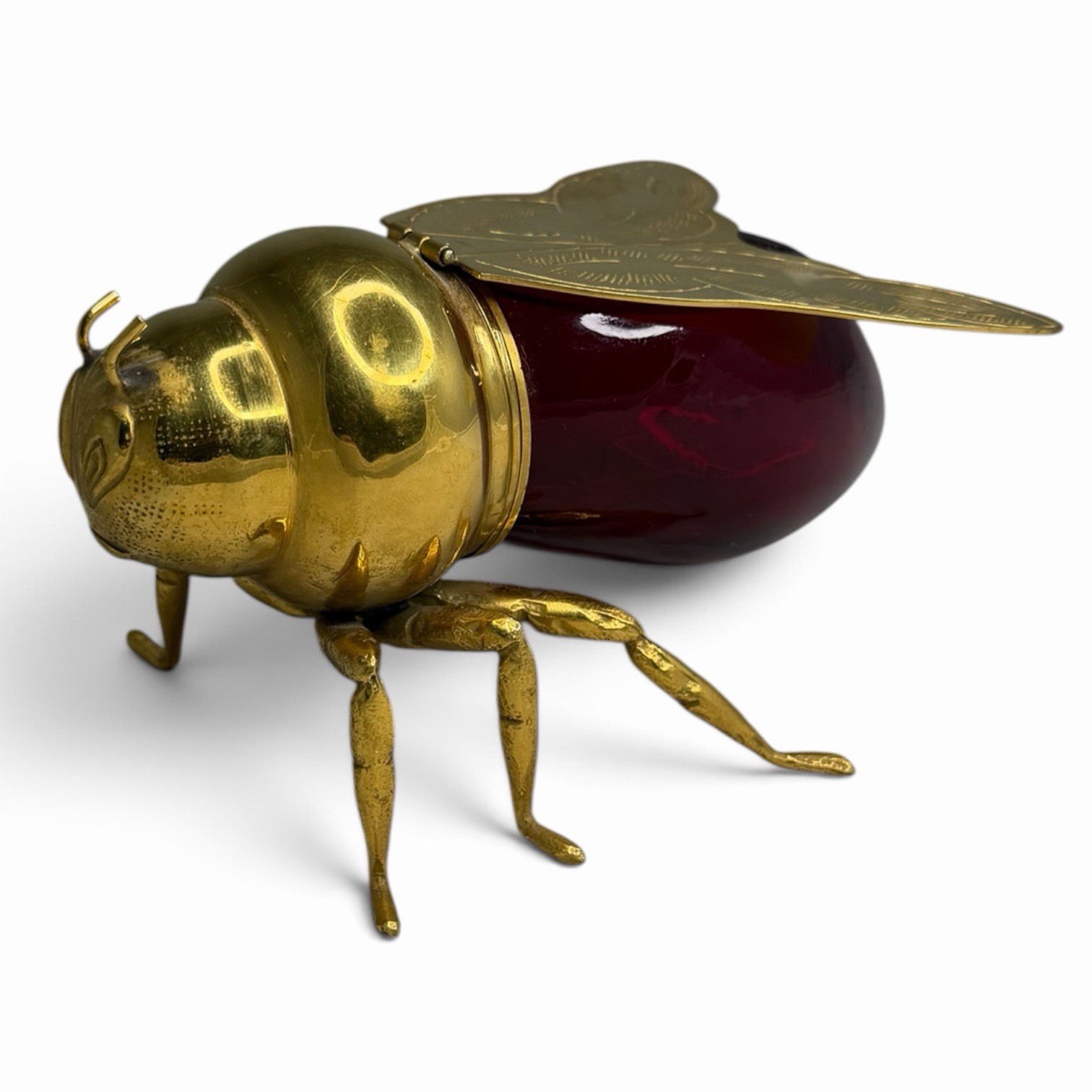 Vintage Italy I.F.S. Silver Plated Brass & Ruby Red Glass Honey Bee Pot 6.5”