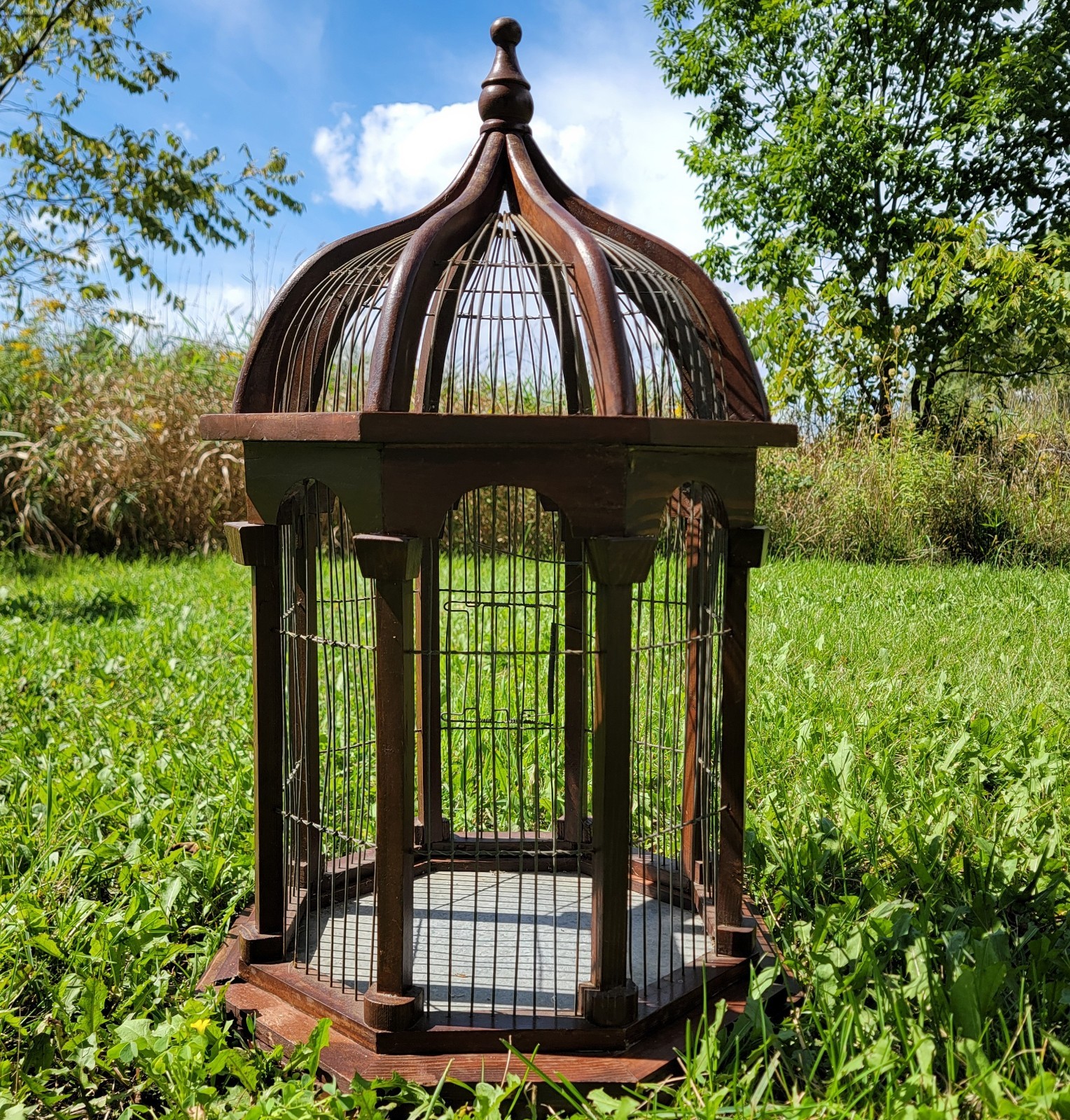Vintage Wood Wire Bird Cage Octagon Dome Cathedral 24” Tall Architectural