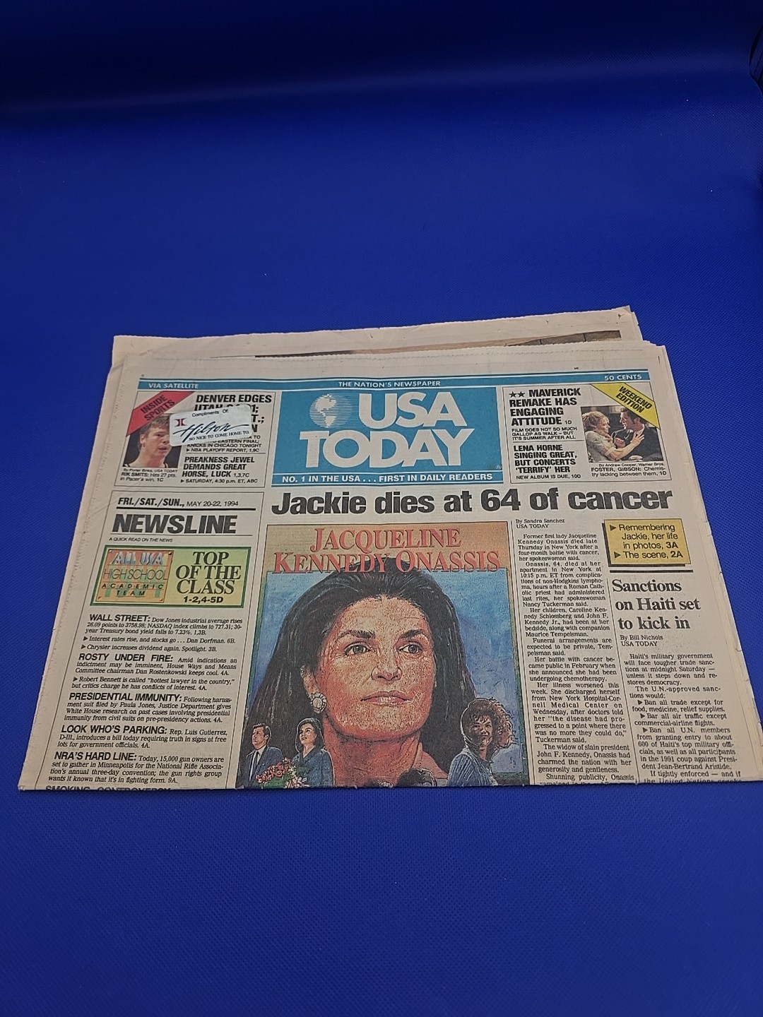 USA Today May 20-22 1994 Jackie dies at 64 of cancer