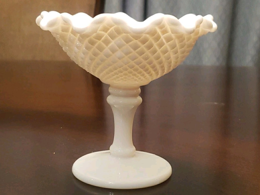Vintage Hobnail Compote Milk Glass Stem Candy Dish Ruffled Edge 5\