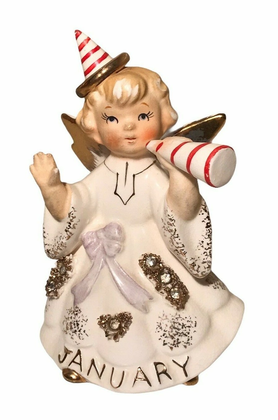 Vintage LEFTON January Angel Ceramic Porcelain Figurine New Year\'s Rhinestone 4\