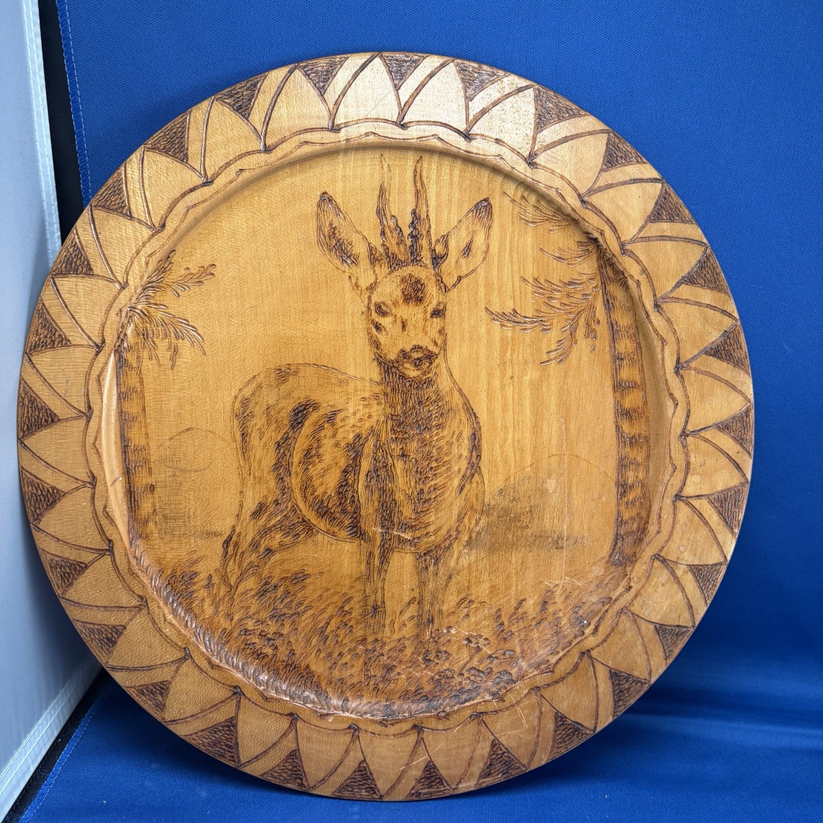 Vintage Pyrography Wood Wall Plate Deer Trees Germany Handmade Burn Technique