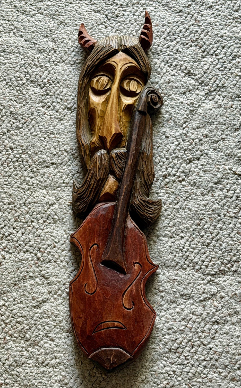 OOAK Vtg Hand Carved FOLK ART Fantasy Devil Musician w/ HORNS Wood Carving 24”L 