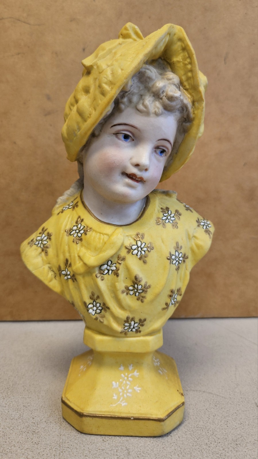 Antique French 1880s Porcelain Mauger Fils YELLOW GIRL BUST Statue Figurine Antique French 1880s Porcelain Mauger Fils YELLOW GIRL BUST Statue Figurine